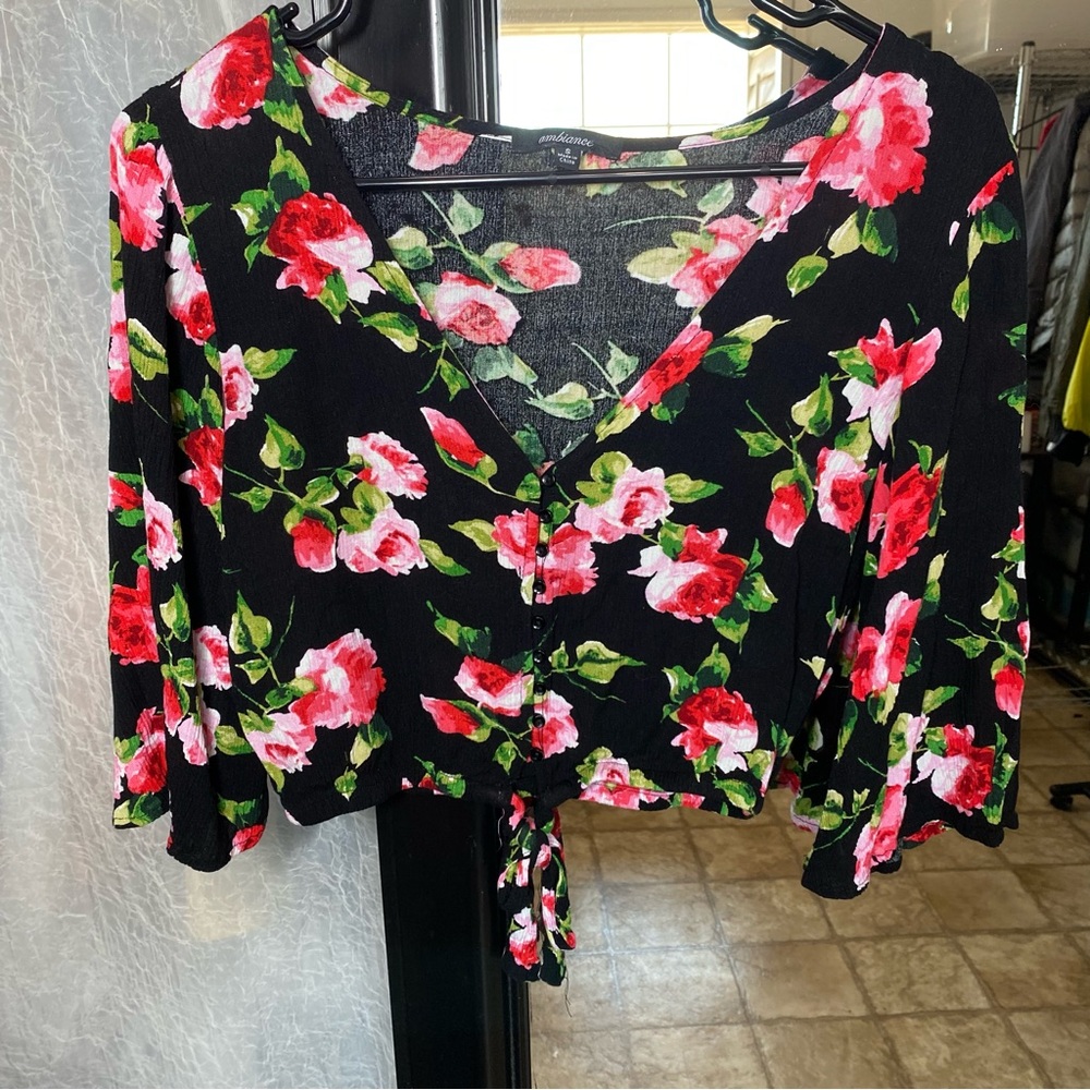 Ambience S Y2K Black Floral Print Tie Front Long Sleeve Cropped Blouse